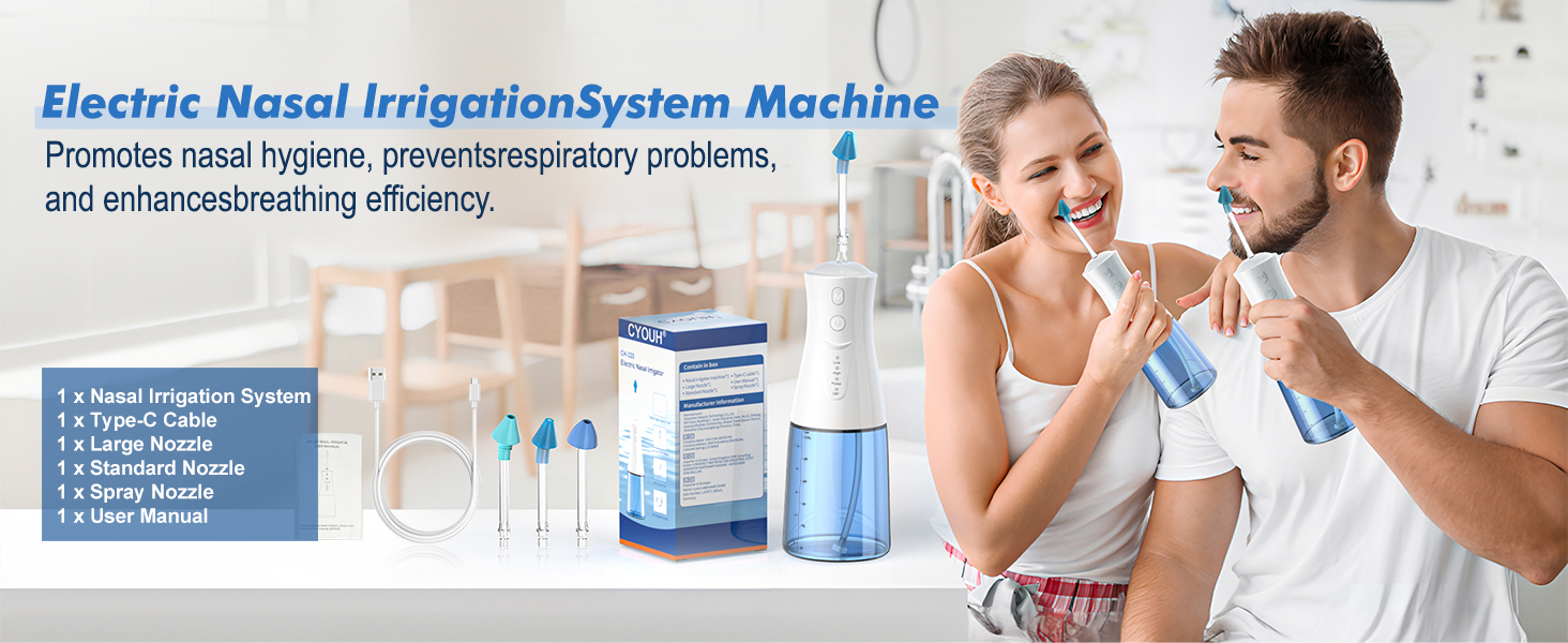 Electric nasal irrigation system with multiple attachments, solution bottle, and product packaging showcasing the device's components and usage.