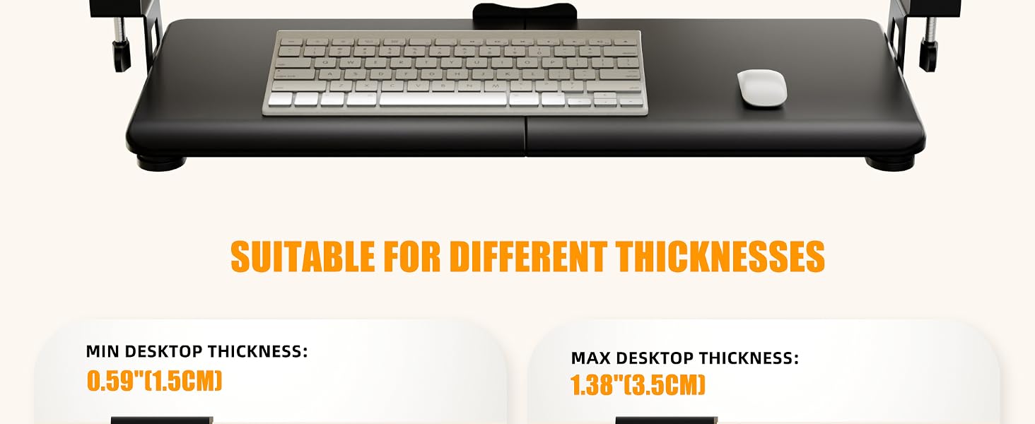 Text reads 'SUITABLE FOR DIFFERENT THICKNESSES', 'MIN DESKTOP THICKNESS: 0.39"/1.0cm', 'MAX DESKTOP THICKNESS: 1.38"/3.5cm'. Black desk mount or platform shown with keyboard and mouse.