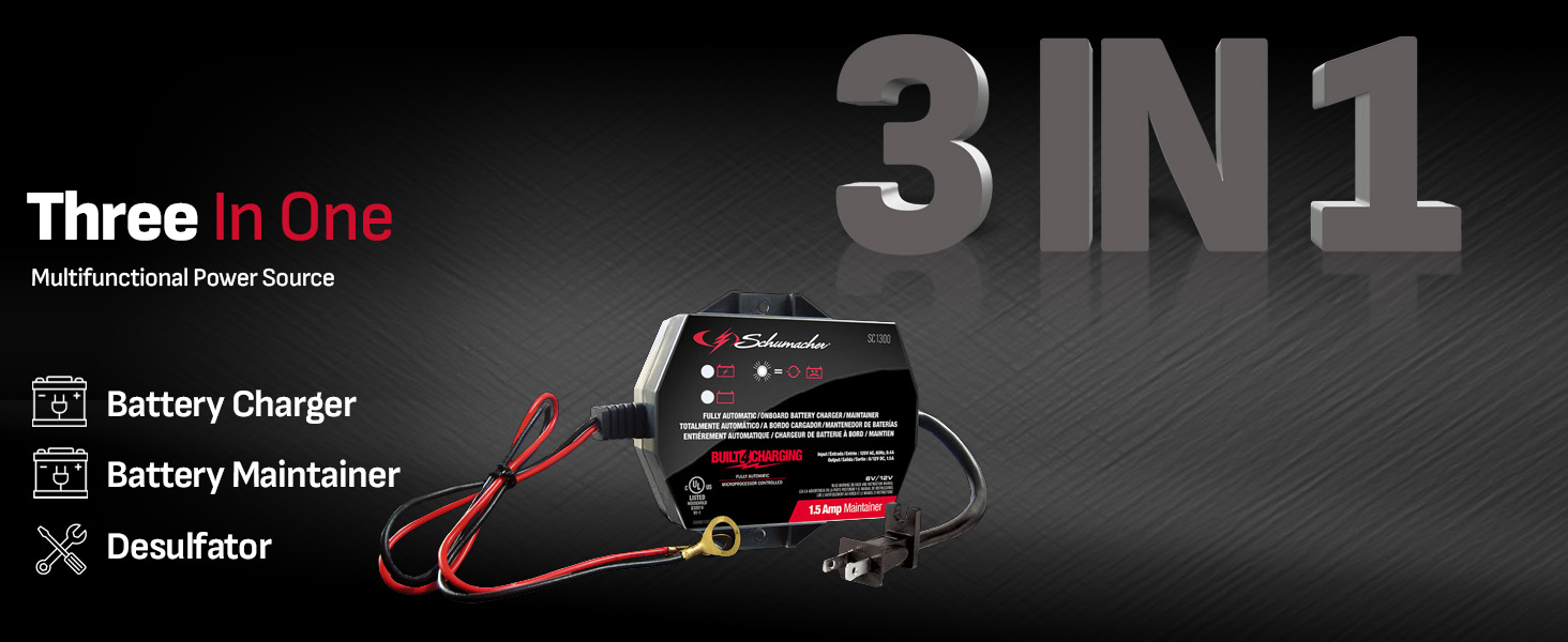 3 functions in 1 device: Car battery charger, battery maintainer, and desulfator