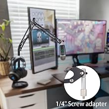 Adjustable microphone boom arm mount with 1/4-inch screw adapter, shown in desk setup with dual monitors and equipment.