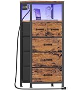 Furnulem Tall LED Dresser with Charging Station, Vertical Storage Tower Unit with Wood Shelf, 5 D...