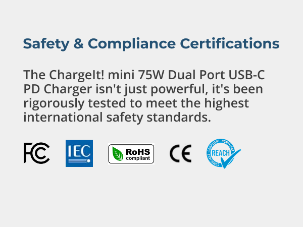 Certified USB power supply compliant with FCC, CE, RoHS and IEC safety standards