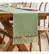 Laolitou Green Table Runners 72 Inches Long, Farmhouse Boho Table Runner, Burlap Linen Texture Ru...