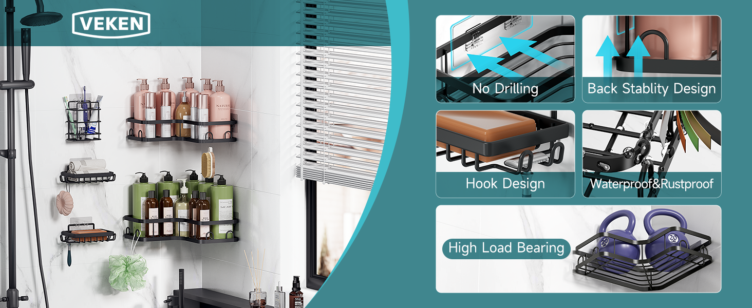 veken corner shower caddy no drilling back stablity design hook design waterproof rustproof