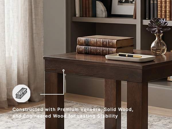 Close up of square end table showing rich oil-rubbed distressing on ash veneers