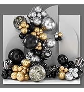 PartyWoo 140 pcs Black and Gold Balloon Arch Kit, Black and Gold Balloons Garland with 4D Marble ...