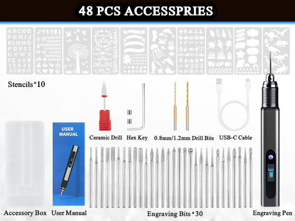 Engraving tool kit with 48 accessories including stencils, drill bits, USB cable, ceramic drill, hex key, and engraving pen. Set includes user manual and accessory box.