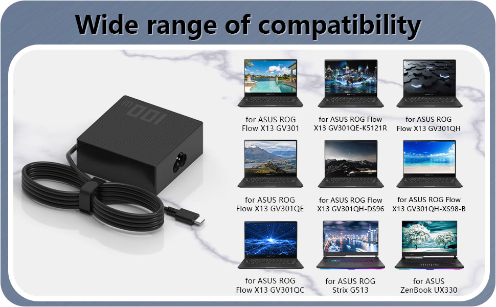 Compatibility chart for electronic device, showing compatibility with various laptop models. Small black device with cord visible in top left corner.