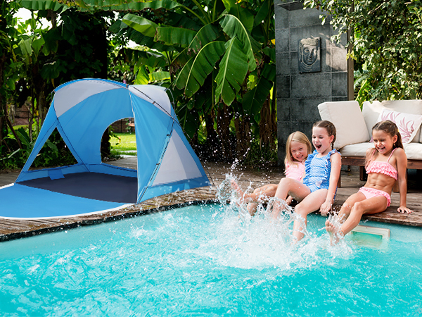 3girls are playing near a tent