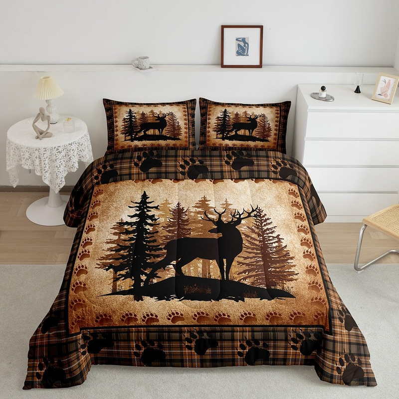 Deer Bear Plaid Comforter Set Queen Size,Animal Hunting Bear Print Bedding Set for Women Adult,Pine Trees Rustic Retro Grid Luxury Bed Duvet Insert, 2 Pillowcases