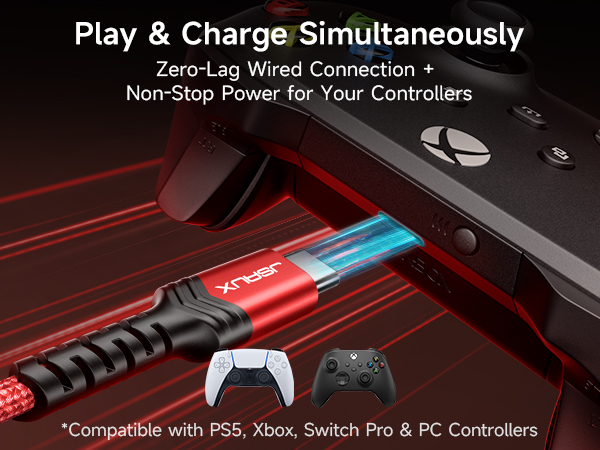 JSAUX USB C Cable: Zero-lag play and charge for PS5, Xbox, Switch Pro, and PC controllers.