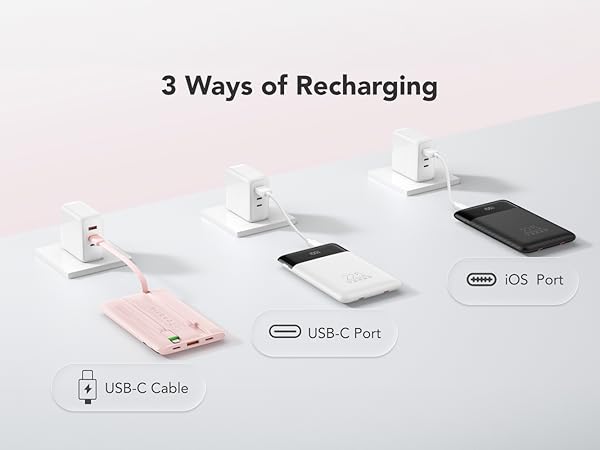 3 Ways of Recharging. 1. Built-in USB-C Cable. 2. USB-C Input Port. 3. Lightning Input Port.