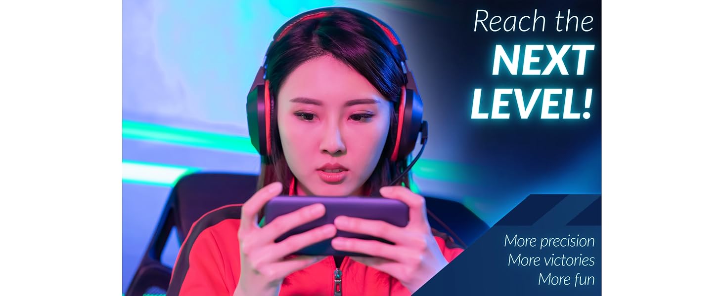 Gaming-themed advertisement with blue neon lighting effects and text 'Reach the NEXT LEVEL!'