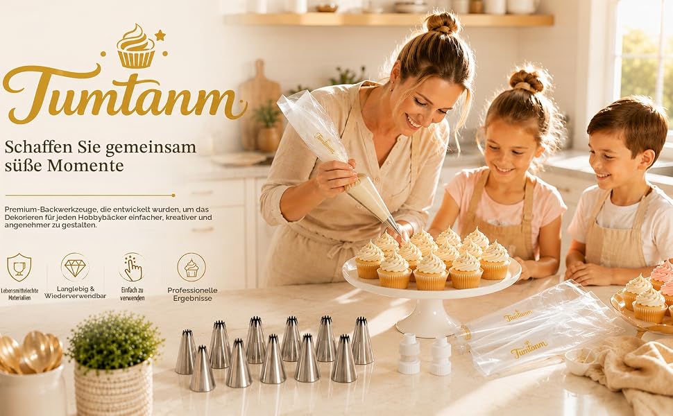 Text reads: 'Fumiannn' (brand name). Family scene showing adults and children baking together. Product bottles displayed on table. Warm, golden-toned lifestyle image emphasizing family bonding and baking activity.