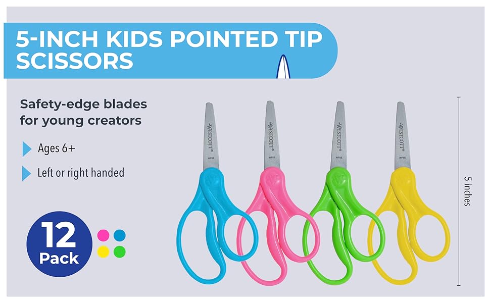 Image of 4 pairs of scissors with text reading 5 inch kids pointed tip scissors.