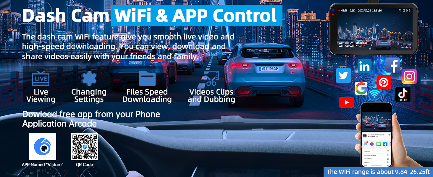 Dashboard camera advertisement showing mobile app interface, night city view, and smartphone connectivity features with social media integration icons.