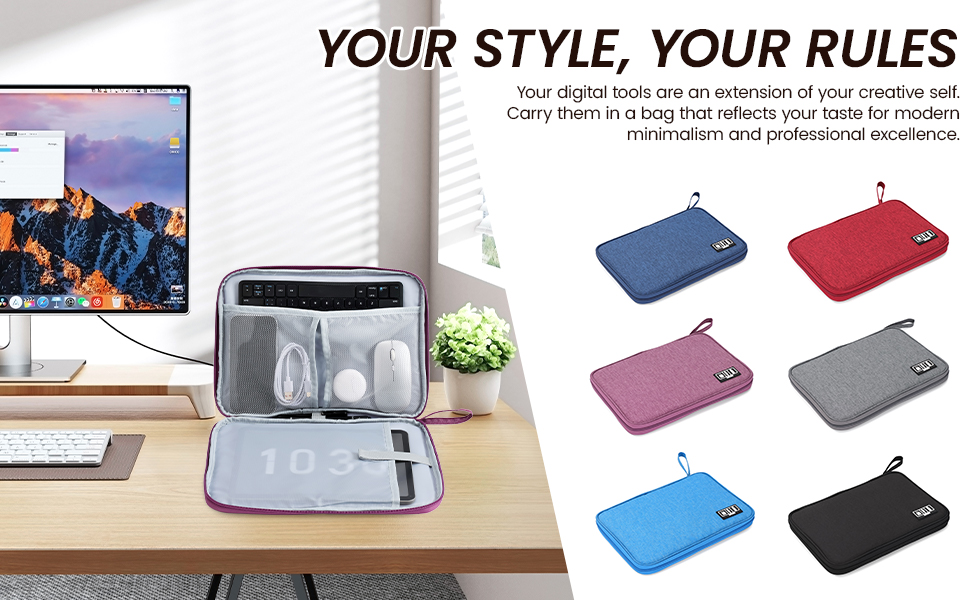 Minimalist cord organizer bag in multiple colors displayed on a modern office desk setup.