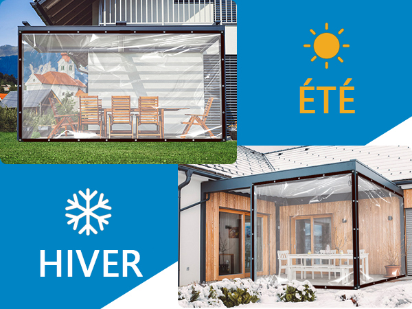 Clear outdoor patio enclosure shown in summer and winter conditions, with transparent panels protecting outdoor seating area in both seasons.
