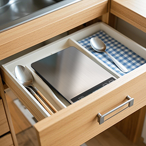 Open wooden kitchen drawer containing stainless steel scales, silverware, and a blue checkered cloth. Organized storage for kitchen utensils and tools.