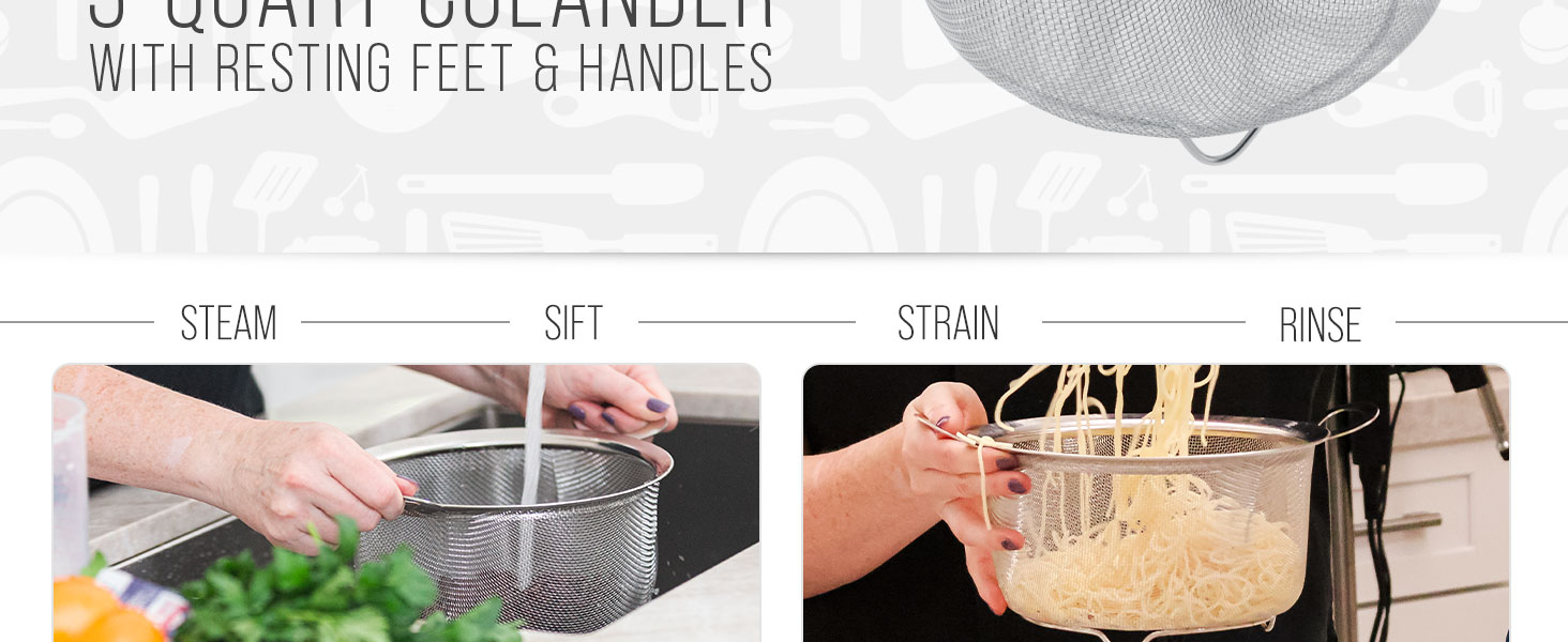 stainless steel colander strainer basket kitchen cooking drain pasta vegetables fruit salad