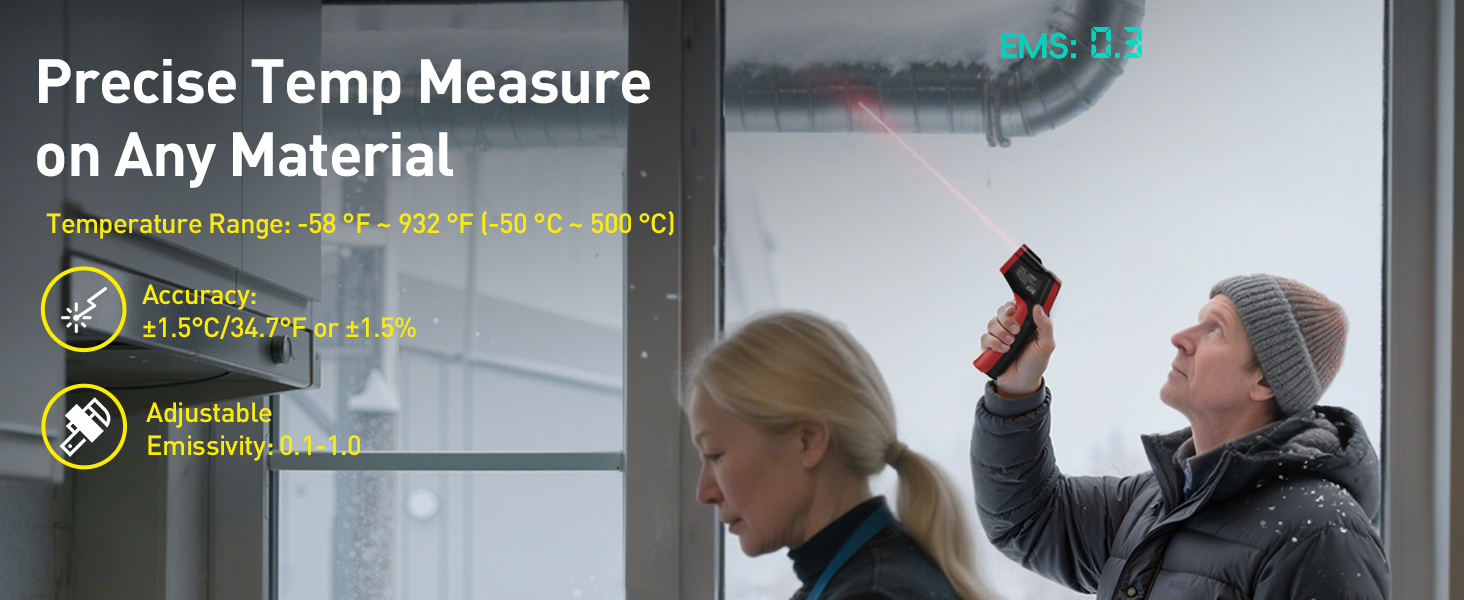 Text reads 'Precise Temp Measure on Any Material'. Image shows person using handheld infrared temperature measurement device with digital display against a wall.