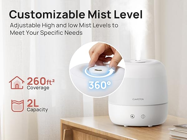 Adjustable High and low Mist Levels to Meet Your Specific Needs.260ft Coverage, 2L Capacity
