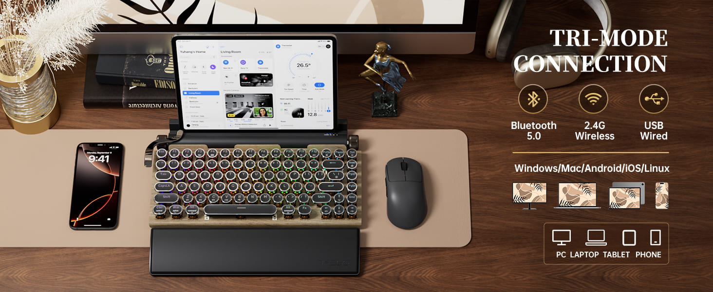 Multi- Connection Ways with the retro tyewriter keyboard for PC TABLET Laptop using