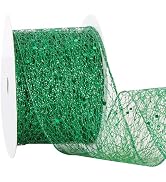 RIBBOOO Green Glitter Mesh Wired Ribbon, 2.5 Inch 10 Yards Sparkling Fabric Ribbon for Wreath Bow...