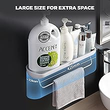 My wall-mounted Shower Caddy holds bottles and a towel. Dimensions, 420mm by 120mm