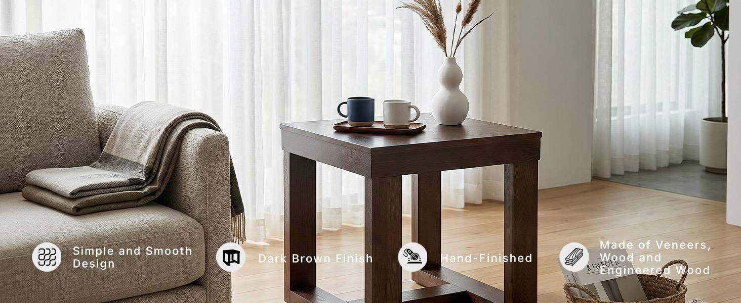 Living room scene with square end table featuring a sled base in dark brown finish