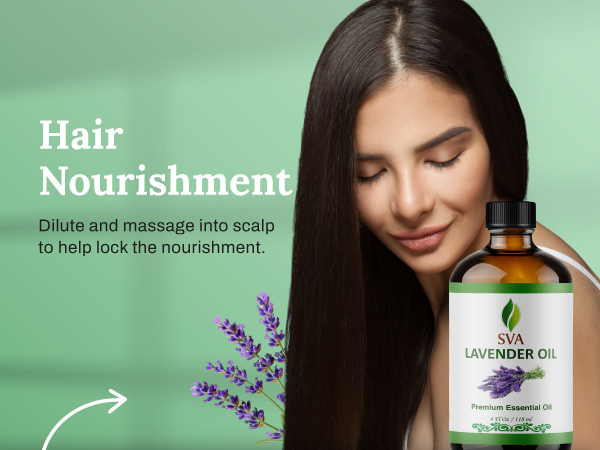 A Smiling lady lookng at the amber glass lavender oil bottle by SVA after using it on hairs