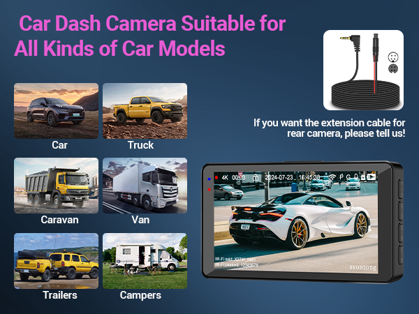 Dashboard camera marketing image showing compatibility with various vehicle types including cars, trucks, vans, and campers, with an LCD display screen and extension cable option.