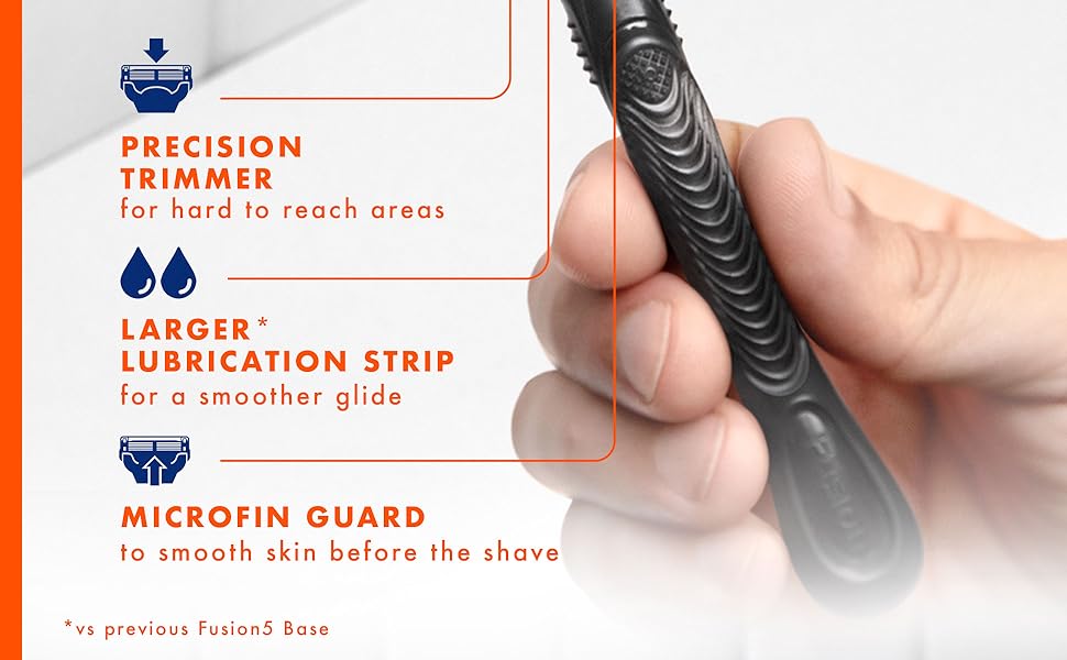 Gillette Fusion5 razor: lubrication strip, microfin guard, precision trimmer helps with areas.