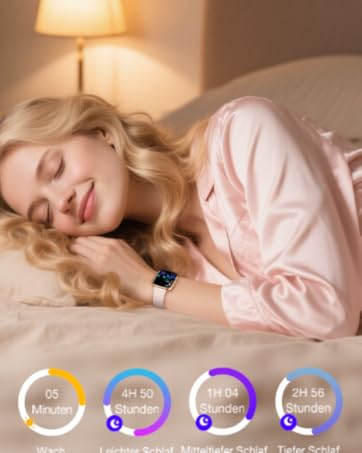 Person resting on bed wearing pink sleepwear. Circular icons below show sleep-related metrics and measurements.