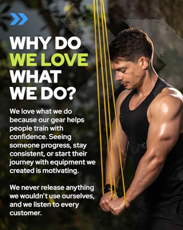 Person performing resistance band pulldown exercise outdoors with text on why Ironcore loves fitness