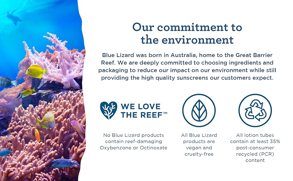 Commitment to environment, We love the Reef, Vegan and Cruelty Free, PCR bottle, no oxybenzone