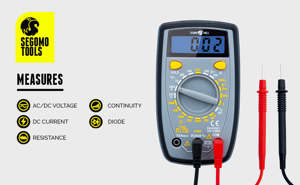 Measures AC/DC voltage, DC current, resistance, continuity, diode