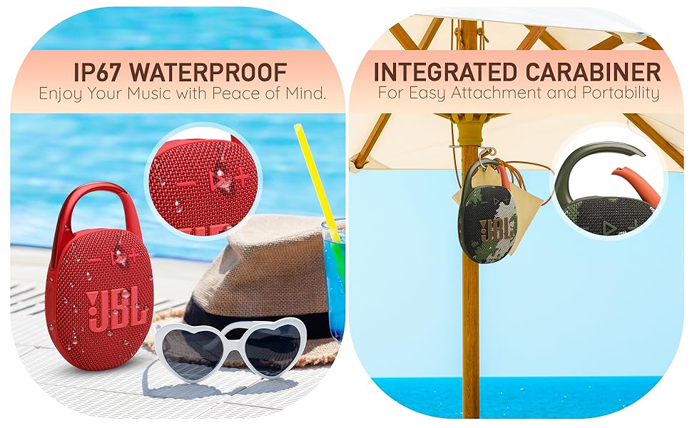 Red JBL Clip 5 with water droplets and camo JBL Clip 5 hanging (integrated carabiner).