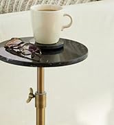 Adjustable-Height Marble Drink Table - 10x10x22-30, Black Marble &amp; Antique Brass, Modern Round En...