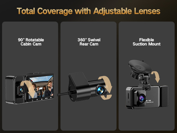 4K Dash Cam Front and Rear Inside, 3-Channel Cars Camera Dash
