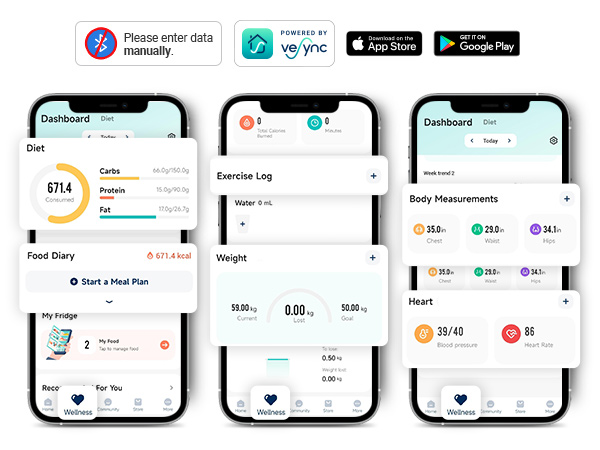 enter the data manually to track your intake, weight, blood pressure.