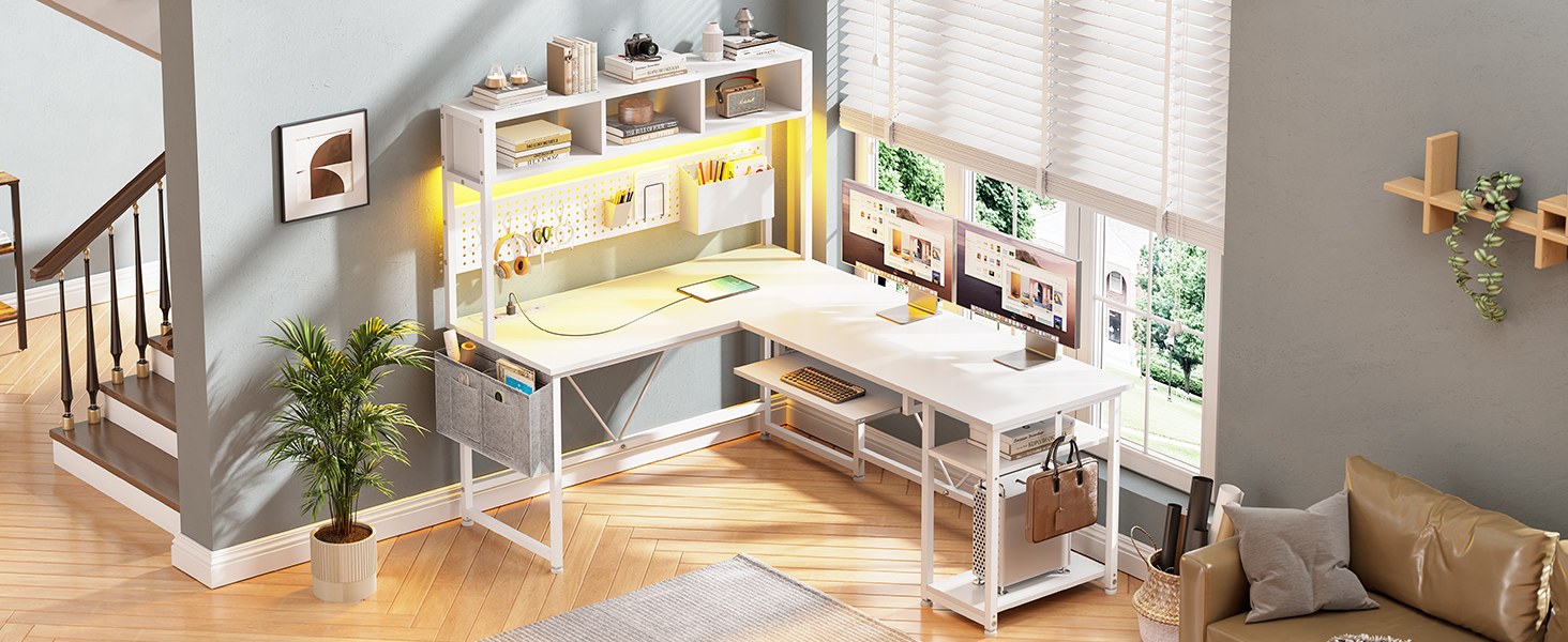 SEDETA White L Shaped Office Desk, 57.5” Corner Computer Desk