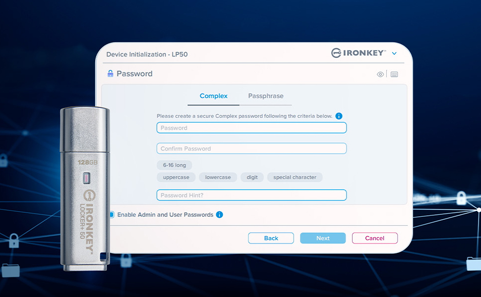 Multi-Password (Admin and User) Option with Complex/Passphrase Modes