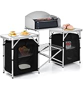 GYMAX Folding Camping Table, Portable Kitchen Table with 2 Zipper Organizer Shelf &amp; Wind Screen, ...