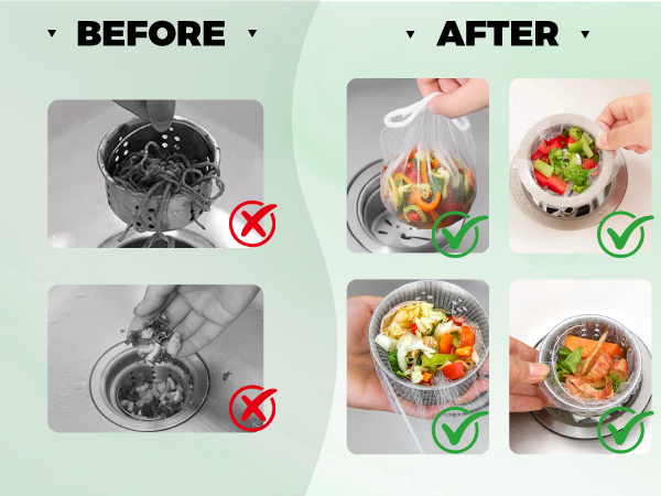 Before/After: Left – messy clogged drain; Right – clean &amp; easy disposal with strainer bags