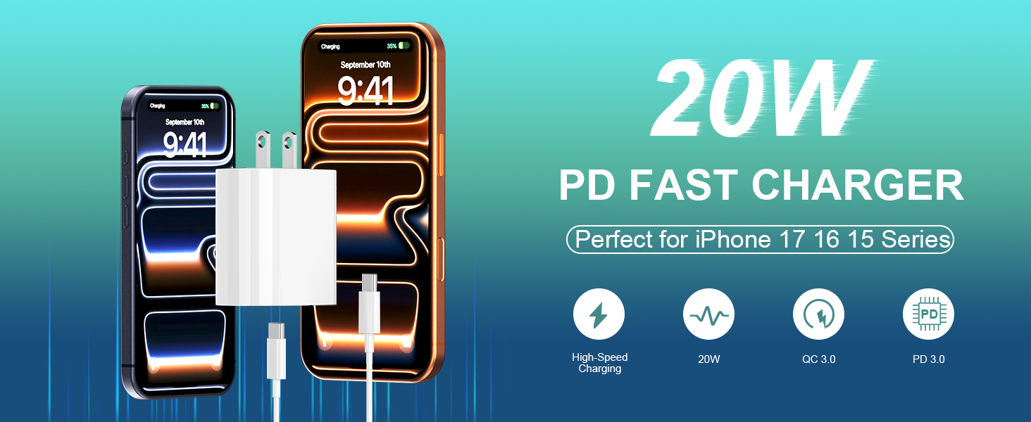 20w iphone 16 15 pro max charger fast charging block cord cable 10 ft long usb c type 