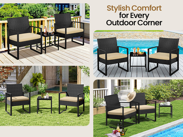 3-Piece Patio Set Rattan Chairs &amp; Table 