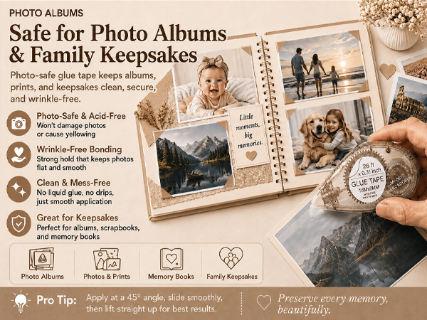 Photo-safe glue tape, photo albums, family keepsakes, memory books