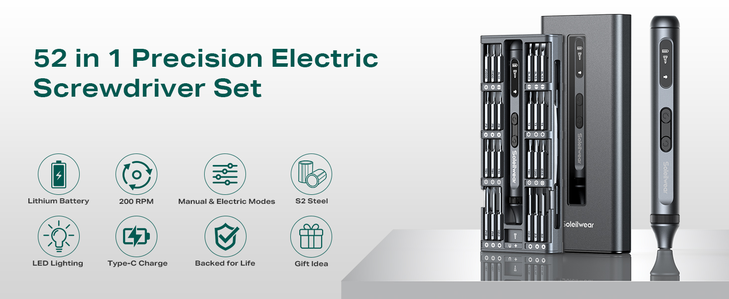 52-in-1 precision electric screwdriver set with storage case. Features magnetic bits, anti-static design, and various icons indicating product features.
