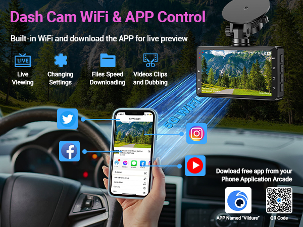 Dashboard camera interface showing WiFi and app control features with social media icons, live preview capabilities, and QR code for app download.